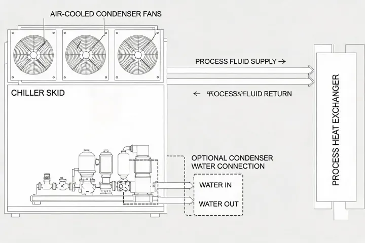 Schematic of an industrial chiller package, process loop and condenser heat rejection, not a published street map
