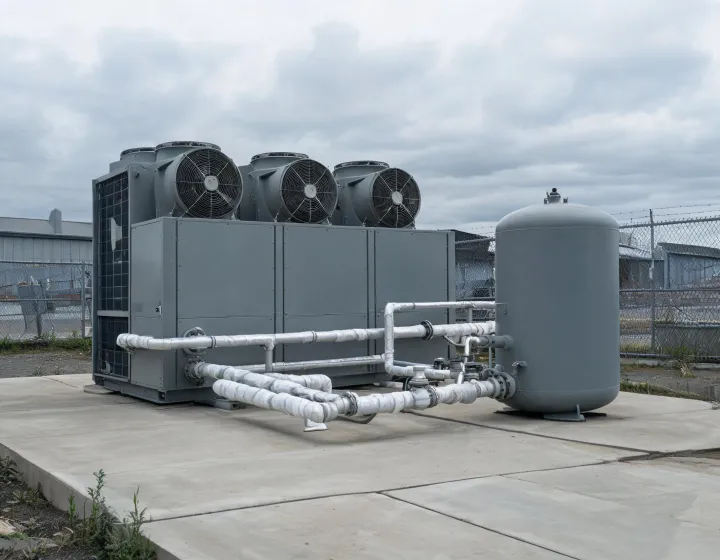 Air-cooled industrial chiller skid on a US process-plant pad with process piping